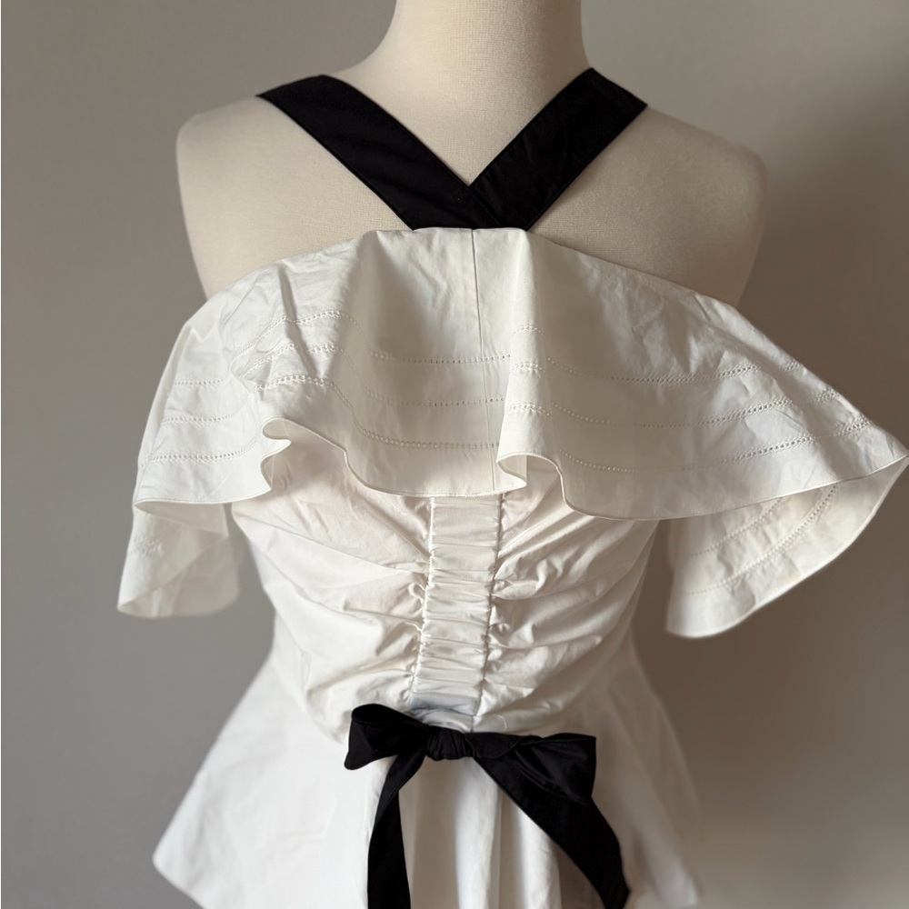 10 Crosby Derek Lam White and Black Ruffle off shoulder peplum effect Blouse 0 - Picture 3 of 5